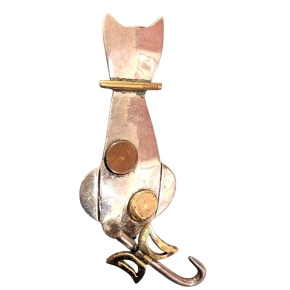 Vintage Mexico Sterling Silver Cat Brooch with Swinging Tail - Picture 1 of 8